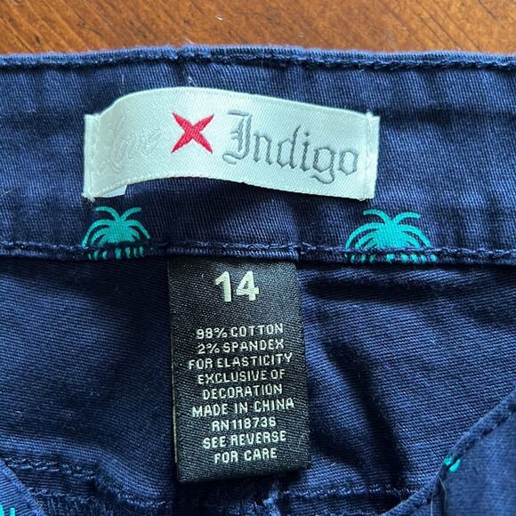 Love Indigo NWT Navy Blue Palm Tree Print Stretch Twill Shorts Woman Size 14 - Picture 4 of 9